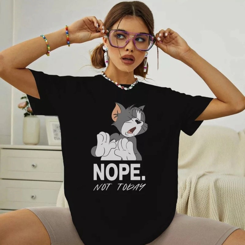 Cotton AliExpress Independent Station Summer Cartoon Animation Cat and Mouse Funny Pattern Printing Summer New T-Shirt black pure cotton