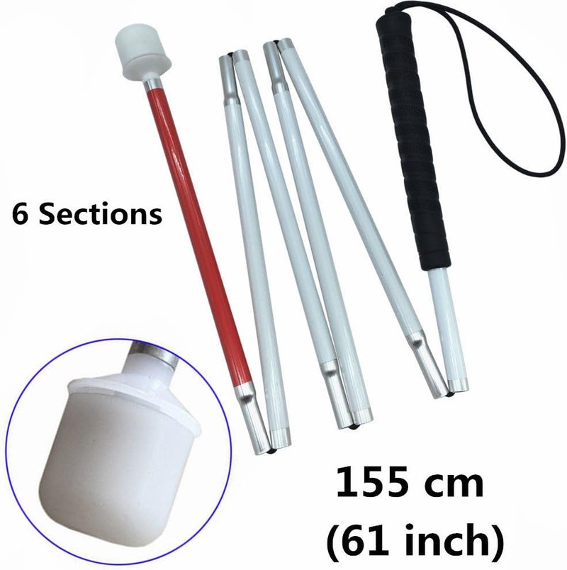VISIONU Aluminum Mobility Folding White Cane for Vision Impaired and Blind People (Folds Down 6 Sections) (155cm (61inch), Black Handle) - Image 2
