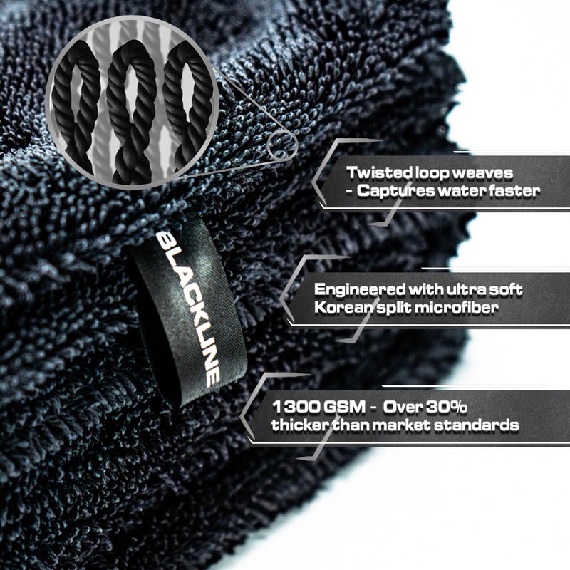 Blackline 24"x36" Twisted-Loop Drying Towel, 1300GSM, Streak Free, Lint Free, Reusable - Car Accessories, Bath Towels, Microfiber Cleaning Cloth - One Pass is All You Need - Image 2