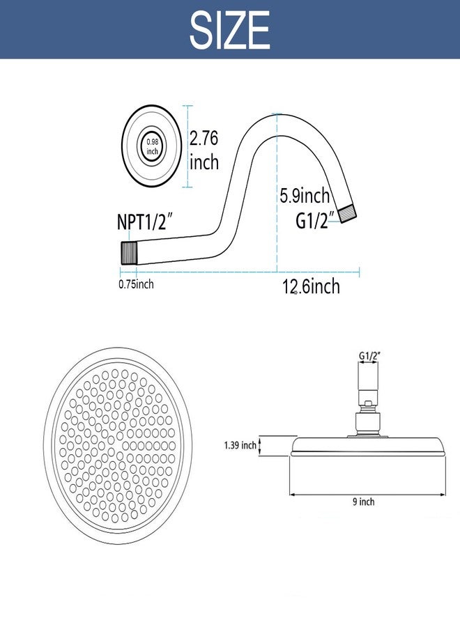 Drettyer Rain Shower Head,9" Vintage Shower Heads with Extension Curved Shower Arm, Traditional Round Rainfall Showerhead Replacement for Shower System (Chrome) - Image 5