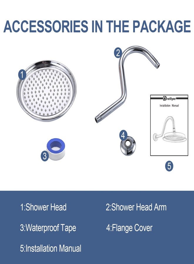Drettyer Rain Shower Head,9" Vintage Shower Heads with Extension Curved Shower Arm, Traditional Round Rainfall Showerhead Replacement for Shower System (Chrome) - Image 4