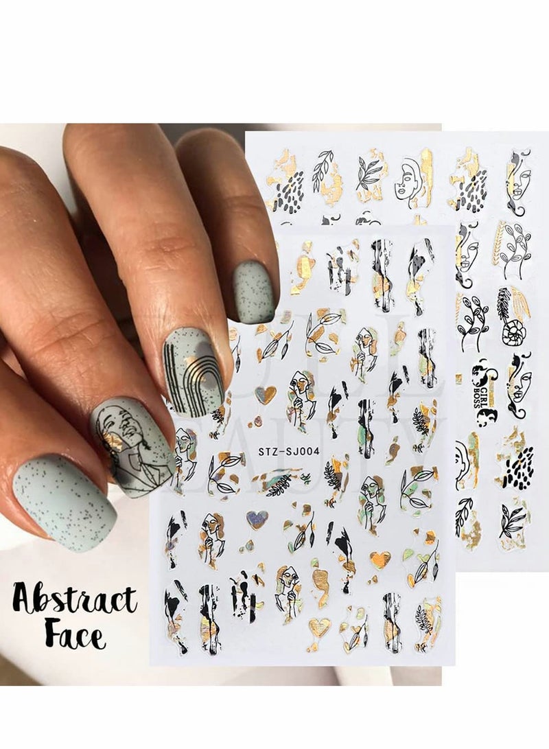 8 Sheets Black Gold 3D Nail Art Stickers - Abstract Leaves, Cactus, and Lady Face Designs for Women, Girls, and Kids Manicure Decoration - Image 3