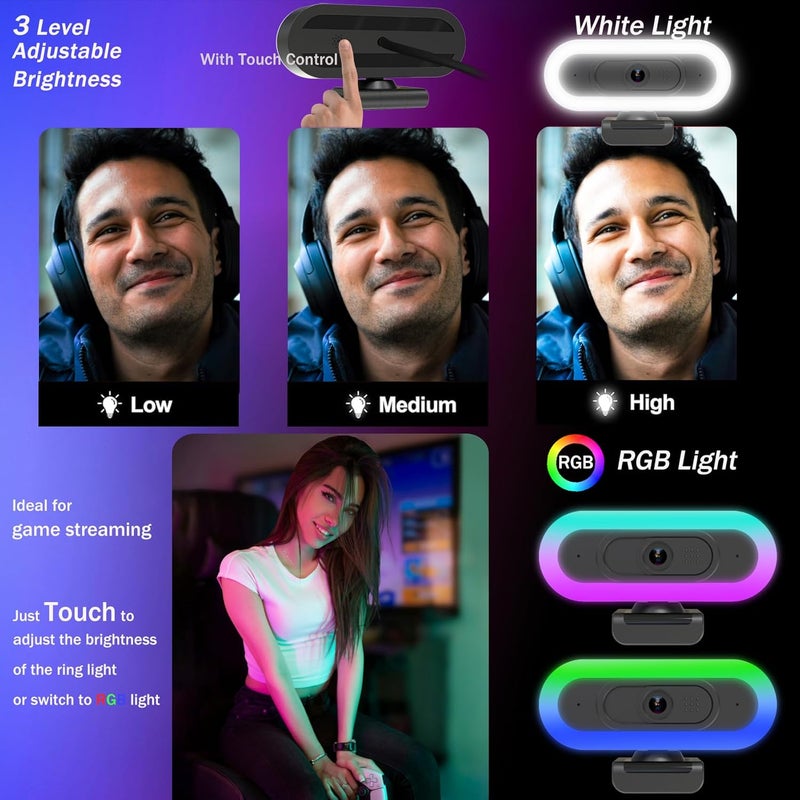 Hrayzan كاميرا ويب 2K USB C مع تركيز تلقائي وميكروفونات مزدوجة/ضوء حلقي/ضوء RGB ملء، 65° زاوية رؤية، كاميرا ويب للتشغيل والتوصيل لجهاز الكمبيوتر المكتبي واللابتوب وماك وزوم - Image 2