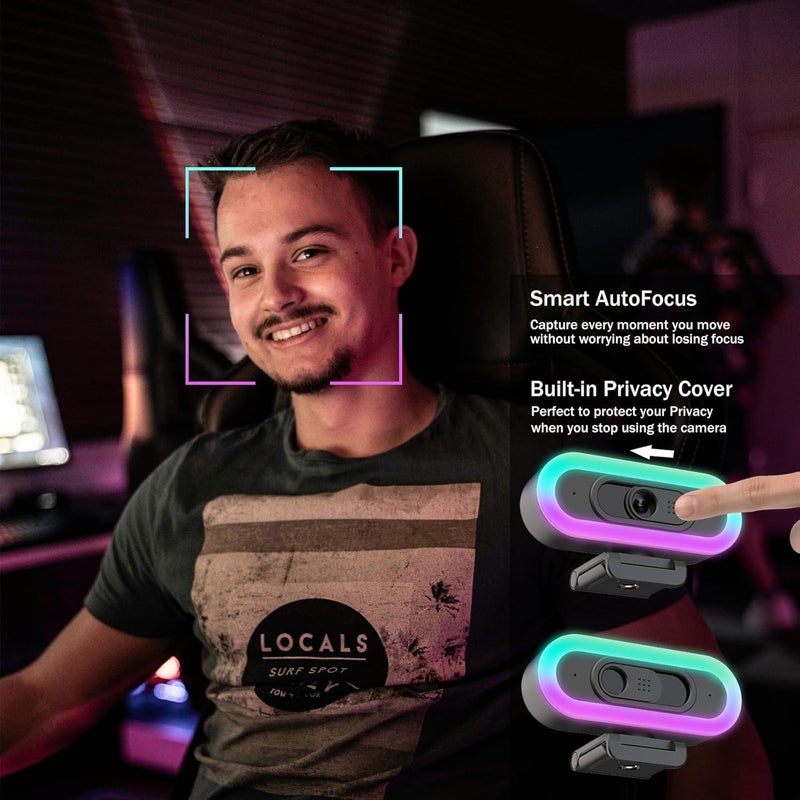 Hrayzan كاميرا ويب 2K USB C مع تركيز تلقائي وميكروفونات مزدوجة/ضوء حلقي/ضوء RGB ملء، 65° زاوية رؤية، كاميرا ويب للتشغيل والتوصيل لجهاز الكمبيوتر المكتبي واللابتوب وماك وزوم - Image 5