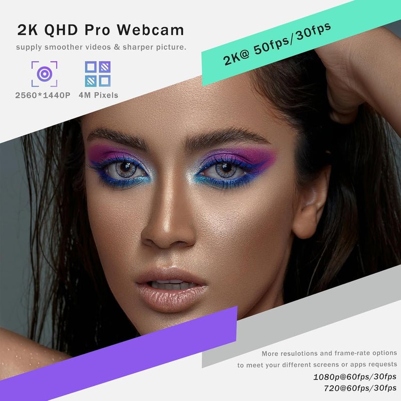 Hrayzan كاميرا ويب 2K USB C مع تركيز تلقائي وميكروفونات مزدوجة/ضوء حلقي/ضوء RGB ملء، 65° زاوية رؤية، كاميرا ويب للتشغيل والتوصيل لجهاز الكمبيوتر المكتبي واللابتوب وماك وزوم - Image 3