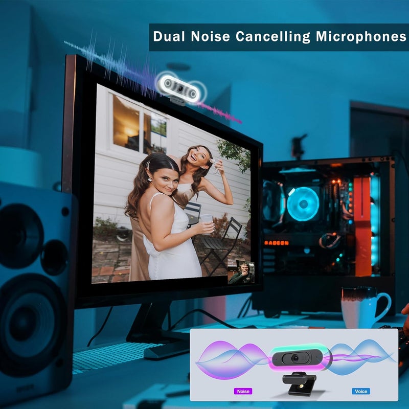 Hrayzan كاميرا ويب 2K USB C مع تركيز تلقائي وميكروفونات مزدوجة/ضوء حلقي/ضوء RGB ملء، 65° زاوية رؤية، كاميرا ويب للتشغيل والتوصيل لجهاز الكمبيوتر المكتبي واللابتوب وماك وزوم - Image 4
