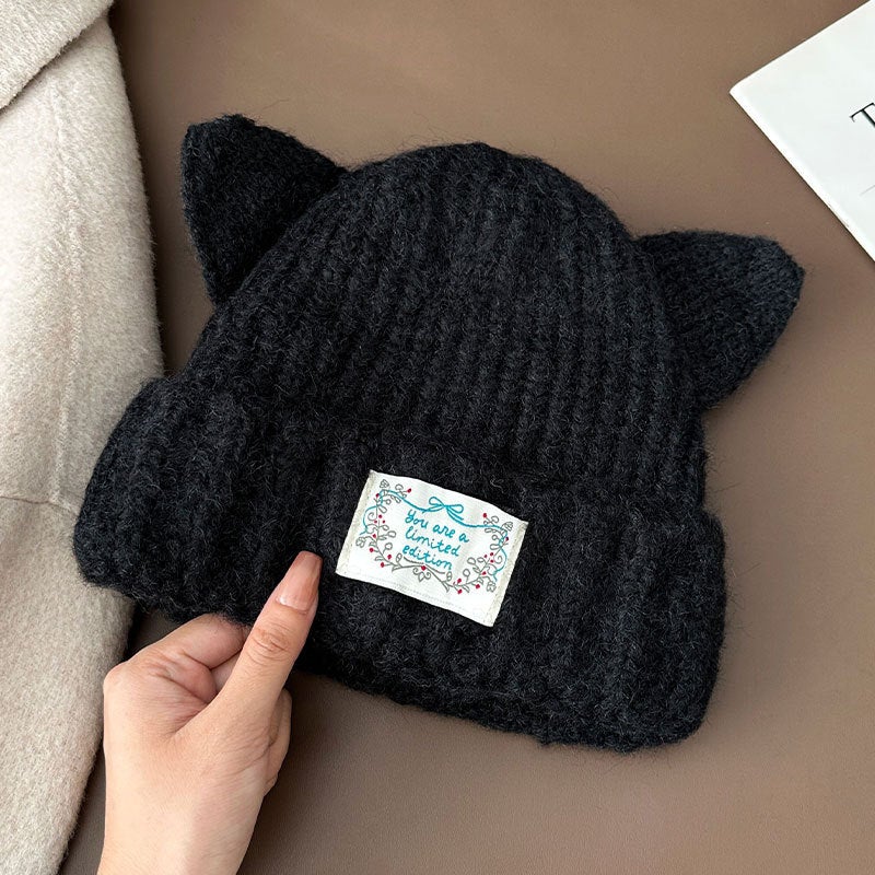 Knit Hat Women Cat Ear Thick Windproof Winter Beanie Hat - Image 1