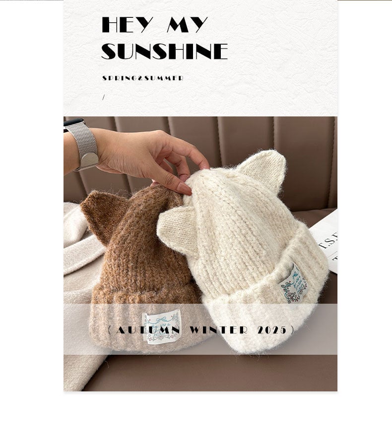 Knit Hat Women Cat Ear Thick Windproof Winter Beanie Hat - Image 3