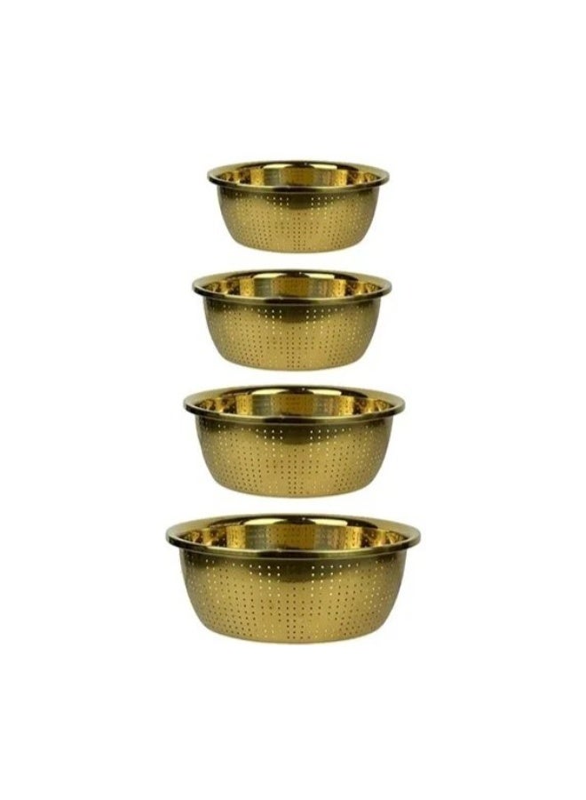 Premium Gold Stainless Steel Kitchen Colander Set (4 Pieces) – Assorted Sizes (24, 26, 28, 30 cm)