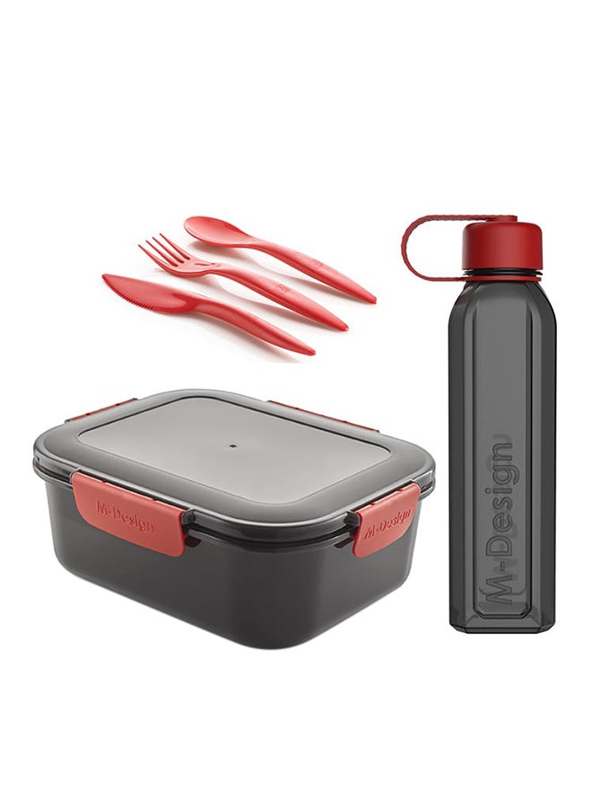 Lunch Set - 2.1L Lunch Box, 800ml Water Bottle & 3pc. Cutlery Set - Black