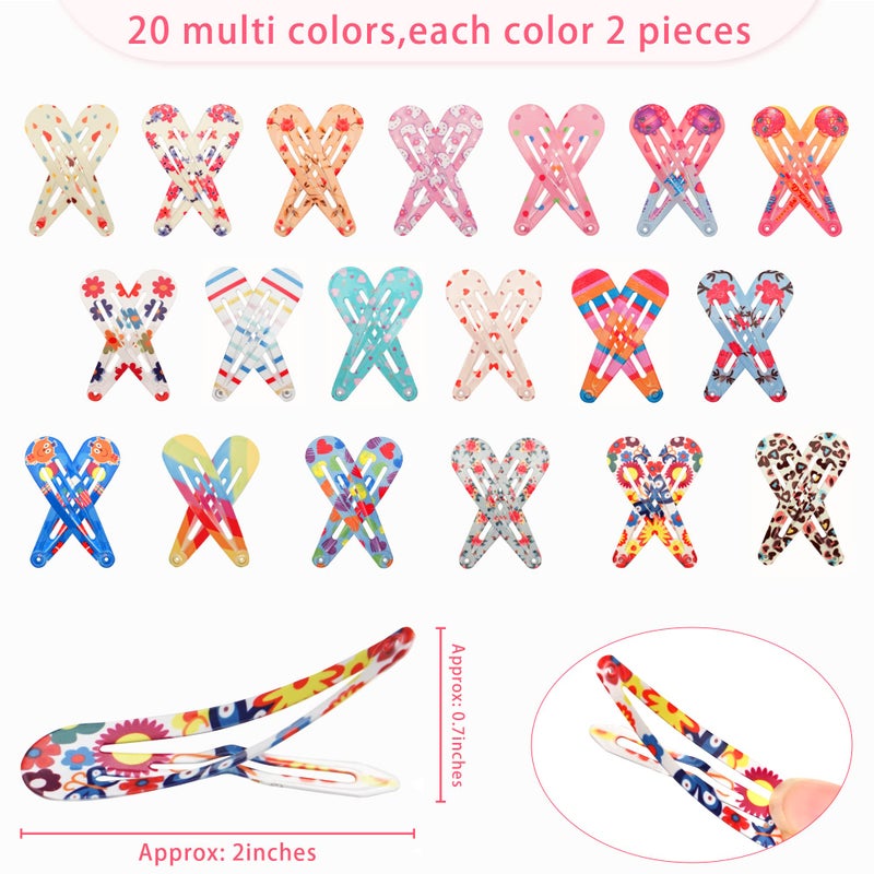 BBgifts Clips for Hair, 120 Pcs 2 Inch Metal Barrettes Snap Hair Clips for Girls Kids Teens Women, Cute Candy Color Hair Pins for Birthday Party Gift, 40 Assorted Colors (Pattern Print & Solid Color) - Image 2