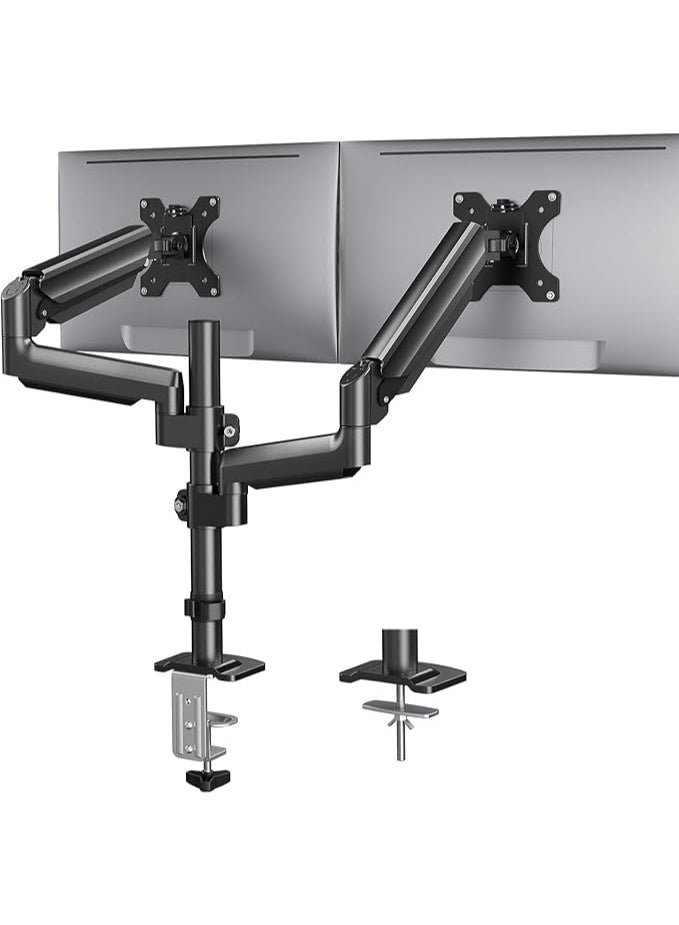 Dual Monitor Stand for Two Screens up to 32 Inches – Gas Spring Arms Supporting up to 22 lbs Each – Height, Tilt & Swivel Adjustable – Black Finish - Image 1