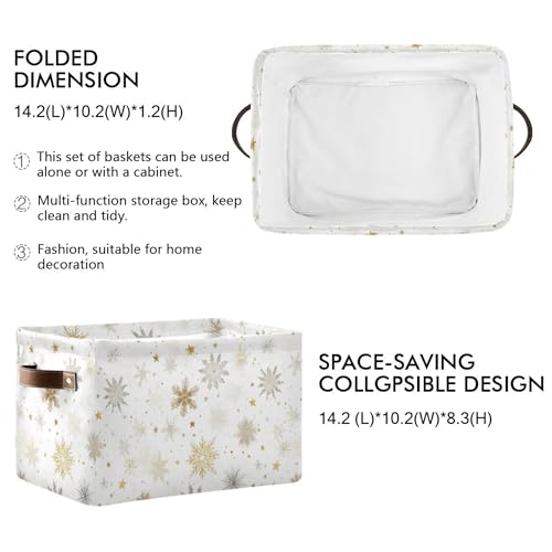 Wamika Winter Snowflake White Storage Basket with Waterproof Liner and PU Handles Golden Christmas Holiday Xmas Storage Boxes 142 Collapsible Decorative Organizer Baskets for Bedroom Closet Office 1 Pack - Image 3