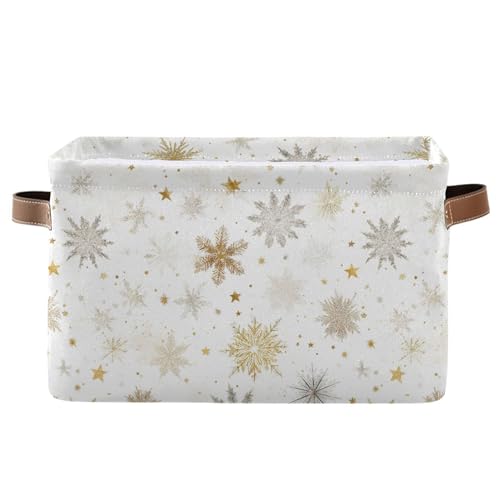 Wamika Winter Snowflake White Storage Basket with Waterproof Liner and PU Handles Golden Christmas Holiday Xmas Storage Boxes 142 Collapsible Decorative Organizer Baskets for Bedroom Closet Office 1 Pack - Image 1