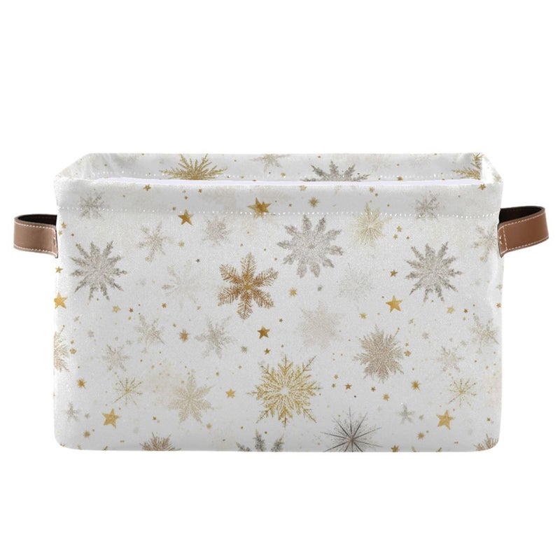 Wamika Winter Snowflake White Storage Basket with Waterproof Liner and PU Handles Golden Christmas Holiday Xmas Storage Boxes 142 Collapsible Decorative Organizer Baskets for Bedroom Closet Office 1 Pack - Image 2