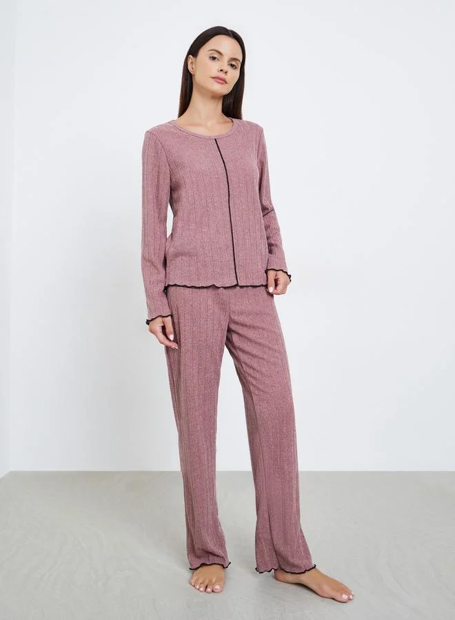 Styli Rib Round Neck T-Shirt and Pyjama Set