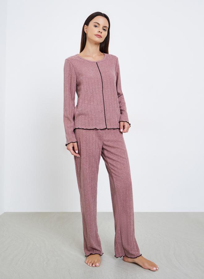 Styli Rib Round Neck T-Shirt and Pyjama Set - Image 2