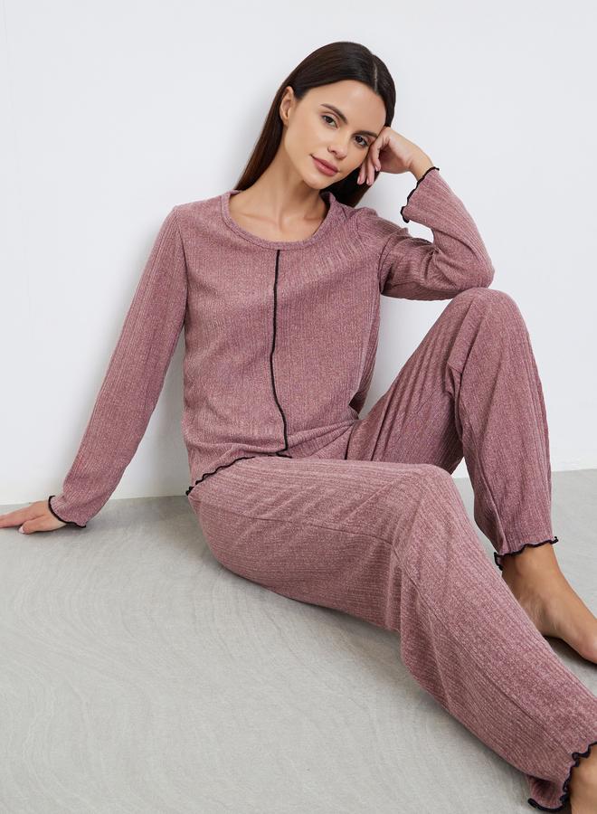 Styli Rib Round Neck T-Shirt and Pyjama Set - Image 1