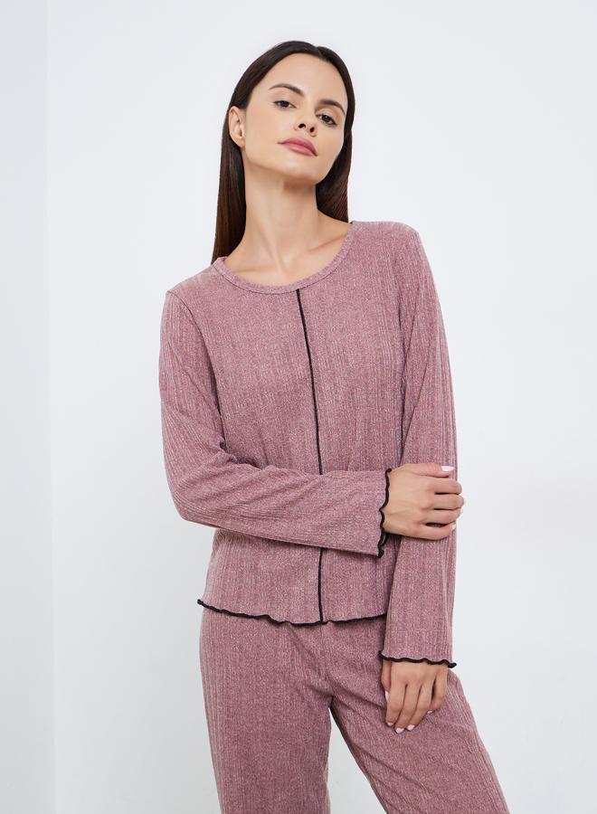 Styli Rib Round Neck T-Shirt and Pyjama Set - Image 3