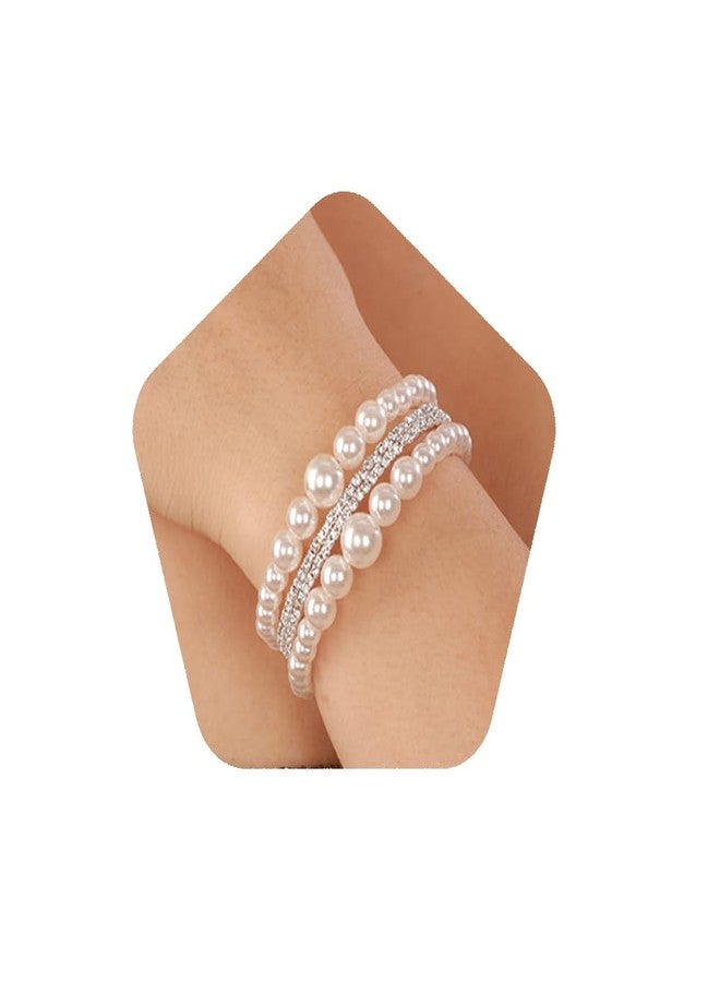 YERTTER Wedding Silver Pearl Rhinestone 3 Row Open Cuff Bangle Bracelet Vintage Layered Bangle Bracelet Gift for Women Brides (Silver) - Image 1