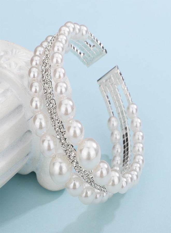 YERTTER Wedding Silver Pearl Rhinestone 3 Row Open Cuff Bangle Bracelet Vintage Layered Bangle Bracelet Gift for Women Brides (Silver) - Image 4