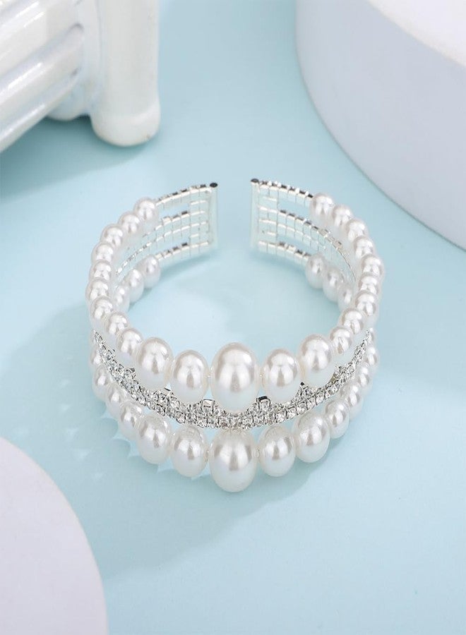 YERTTER Wedding Silver Pearl Rhinestone 3 Row Open Cuff Bangle Bracelet Vintage Layered Bangle Bracelet Gift for Women Brides (Silver) - Image 3