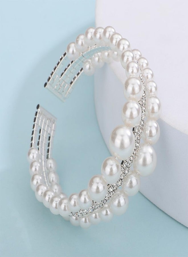 YERTTER Wedding Silver Pearl Rhinestone 3 Row Open Cuff Bangle Bracelet Vintage Layered Bangle Bracelet Gift for Women Brides (Silver) - Image 5