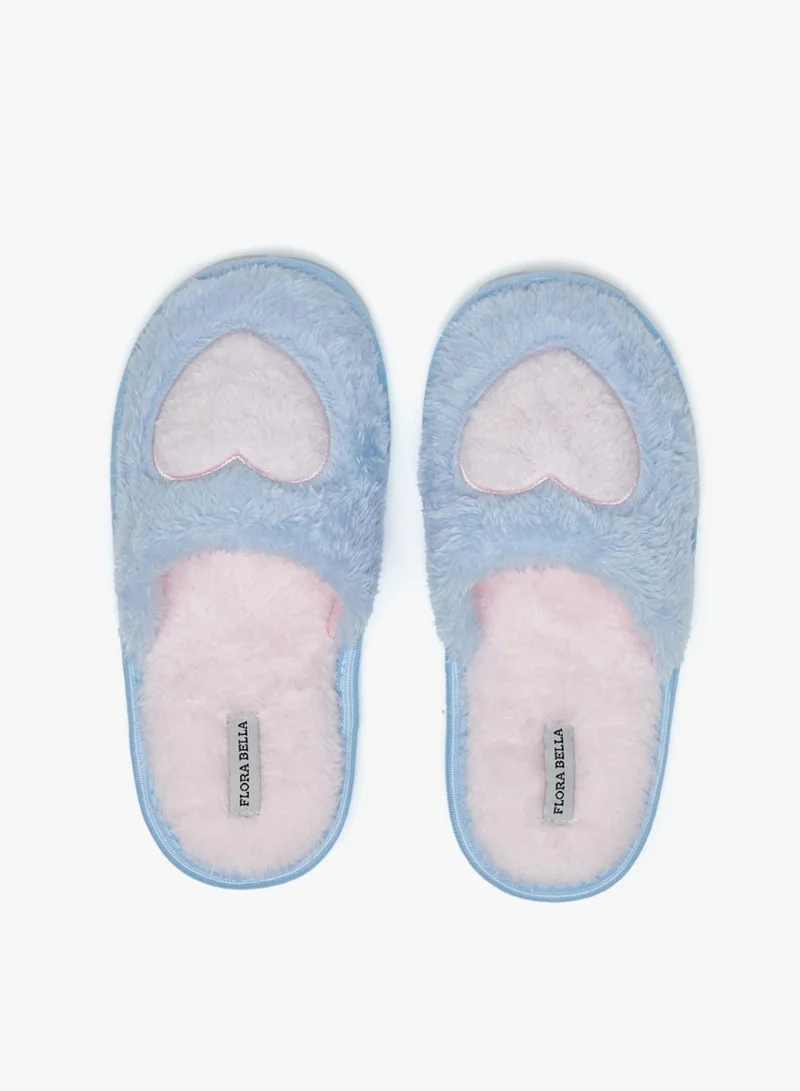 Flora Bella By Shoexpress Girls Plush Textured Slip On Bedroom Mules With Heart Applique By Shoexpress