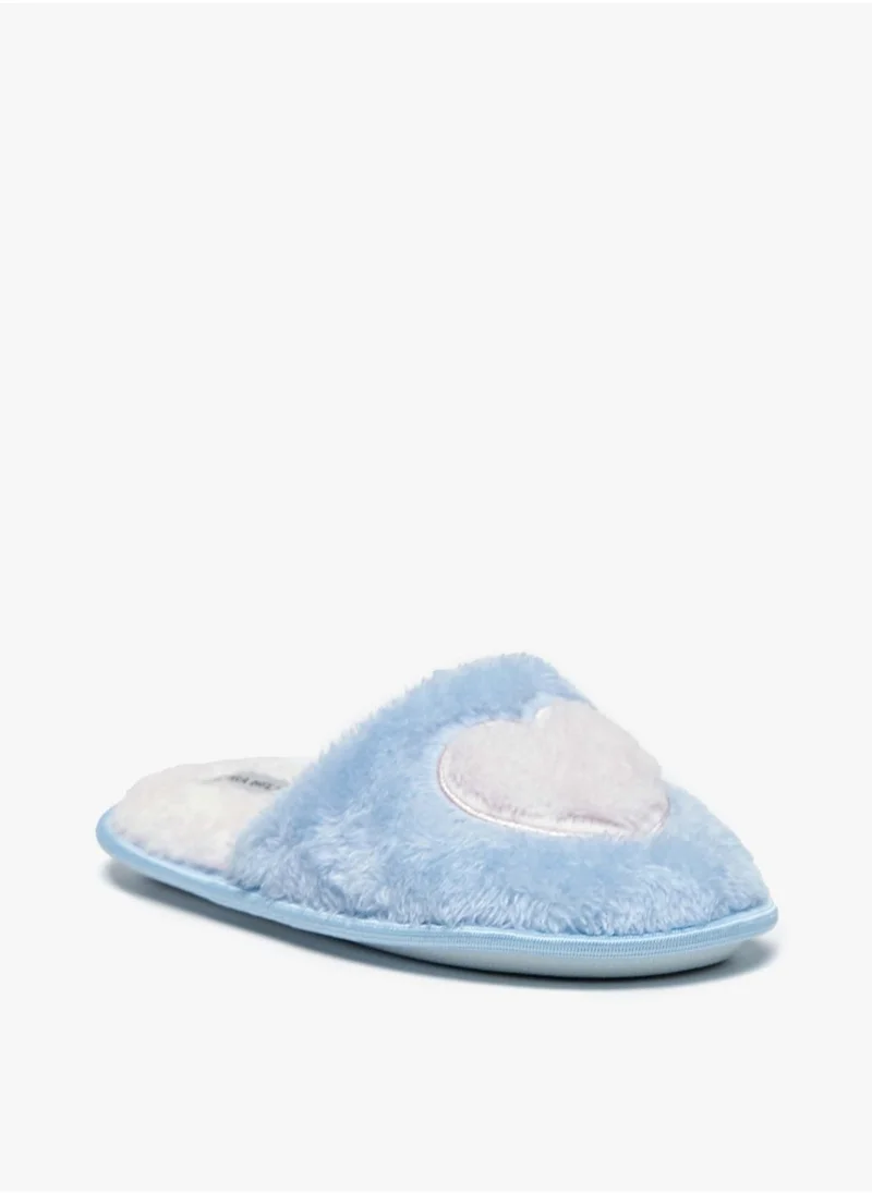 Flora Bella By Shoexpress Girls Plush Textured Slip On Bedroom Mules With Heart Applique By Shoexpress