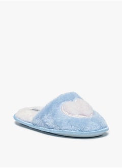 Girls Plush Textured Slip On Bedroom Mules With Heart Applique By Shoexpress
