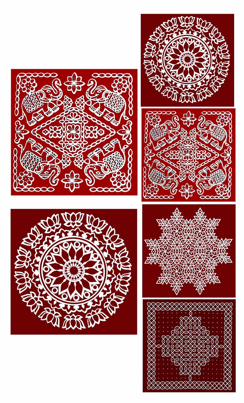 ABS HERBALS : Rangoli/Kolam Sticker � Traditional Handmade Kolam Art/Design Sticker for : Pooja Room, Home Entrance, Tile, Floor, (Meroon-Modal : MS4MM2 Pack of Small & Medium 6Pcs) - Image 1