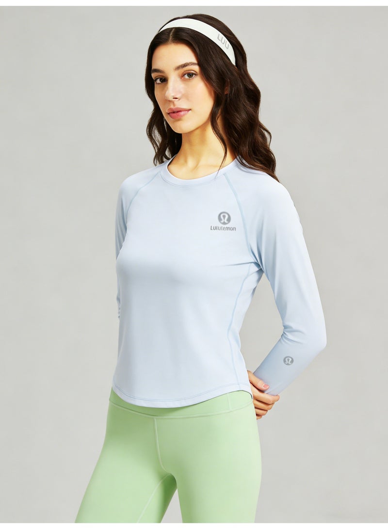 لولوليمون Lululemon Women's Light Blue Long-Sleeve Yoga Top - Slim-Fit Moisture-Wicking Shirt with Mesh Back Detail & Brand Logo - Image 3