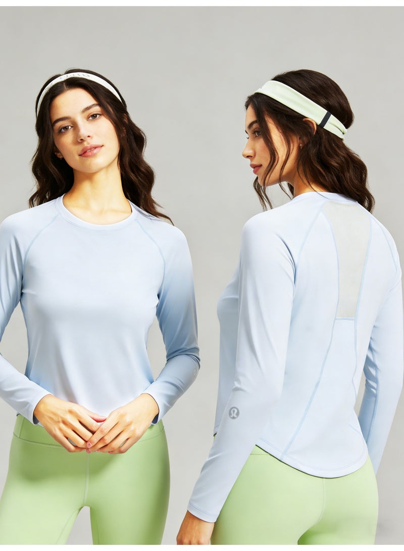 لولوليمون Lululemon Women's Light Blue Long-Sleeve Yoga Top - Slim-Fit Moisture-Wicking Shirt with Mesh Back Detail & Brand Logo - Image 4