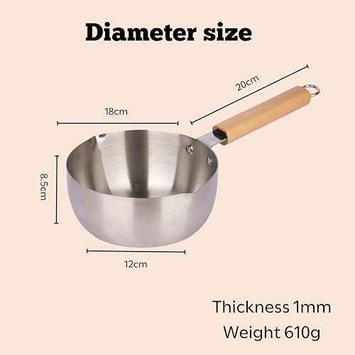 DAYANIDHI Stainless Steel Milk Pan with Wooden Handle | 1.8L Boiling Pan for Tea, Coffee, Milk, Water, Sauce & Noodles | Gas Stove & Induction Compatible | Japanese-Style Cookware (1 Piece) - Image 2