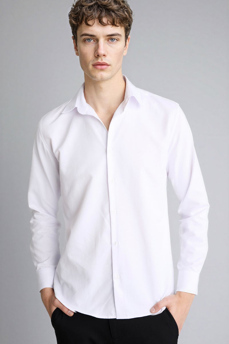 DeFacto White Man Slim Fit Polo Collar Long Sleeve Shirt Casual - Image 3