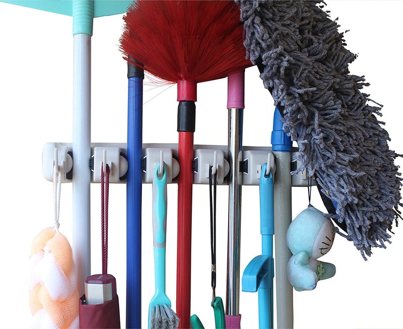 Rasikvar Broom and Mop Holder 5 Position with 6 Hooks Tools Wall Mounted Commercial Upgraded Organizer Space Saving Storage Rack for Home Kitchen Garden and Garage Laundry Offices - Image 1