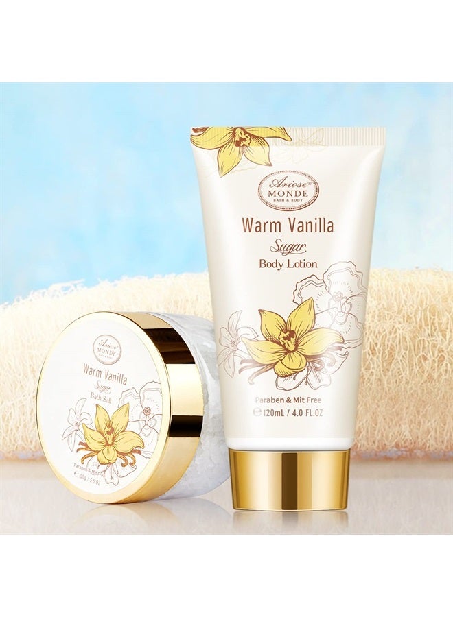 ArioseMonde طقم هدايا سلة سبا للاستحمام والاستحمام، برائحة سكر الفانيليا الدافئ، مع جل الاستحمام، وحمام الفقاعات، وكريم الجسم، وقنبلة الاستحمام، وملح الاستحمام، وصندوق هدايا للاستحمام والجسم للنساء - Image 4