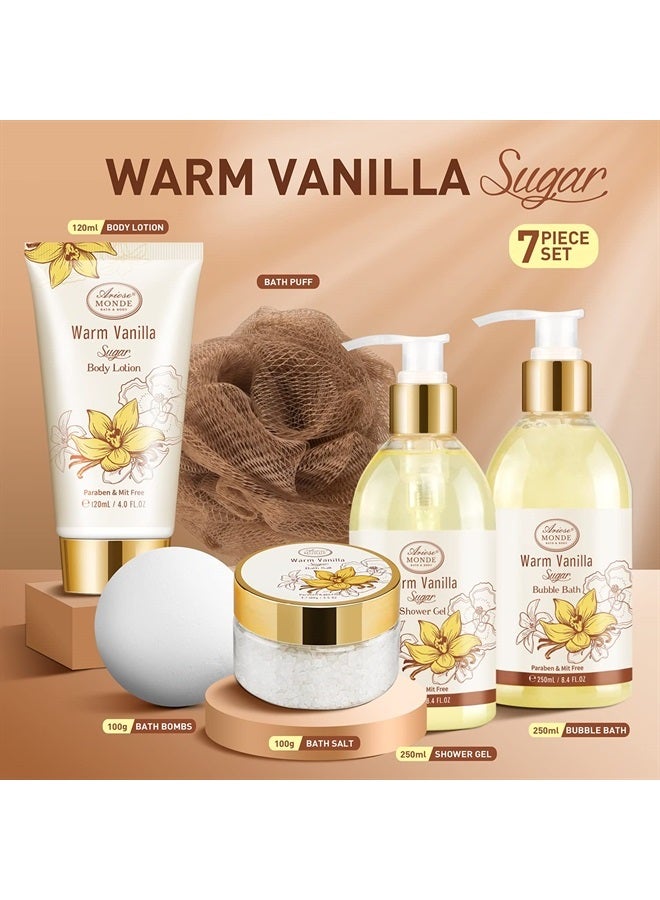ArioseMonde طقم هدايا سلة سبا للاستحمام والاستحمام، برائحة سكر الفانيليا الدافئ، مع جل الاستحمام، وحمام الفقاعات، وكريم الجسم، وقنبلة الاستحمام، وملح الاستحمام، وصندوق هدايا للاستحمام والجسم للنساء - Image 2