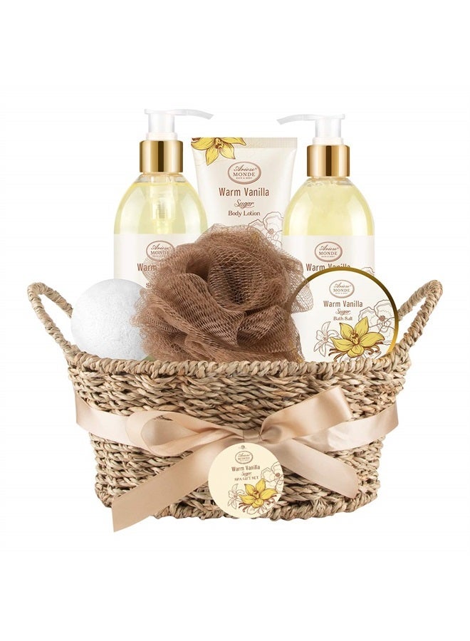 ArioseMonde طقم هدايا سلة سبا للاستحمام والاستحمام، برائحة سكر الفانيليا الدافئ، مع جل الاستحمام، وحمام الفقاعات، وكريم الجسم، وقنبلة الاستحمام، وملح الاستحمام، وصندوق هدايا للاستحمام والجسم للنساء - Image 1