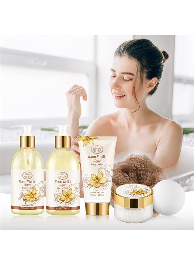 ArioseMonde طقم هدايا سلة سبا للاستحمام والاستحمام، برائحة سكر الفانيليا الدافئ، مع جل الاستحمام، وحمام الفقاعات، وكريم الجسم، وقنبلة الاستحمام، وملح الاستحمام، وصندوق هدايا للاستحمام والجسم للنساء - Image 5