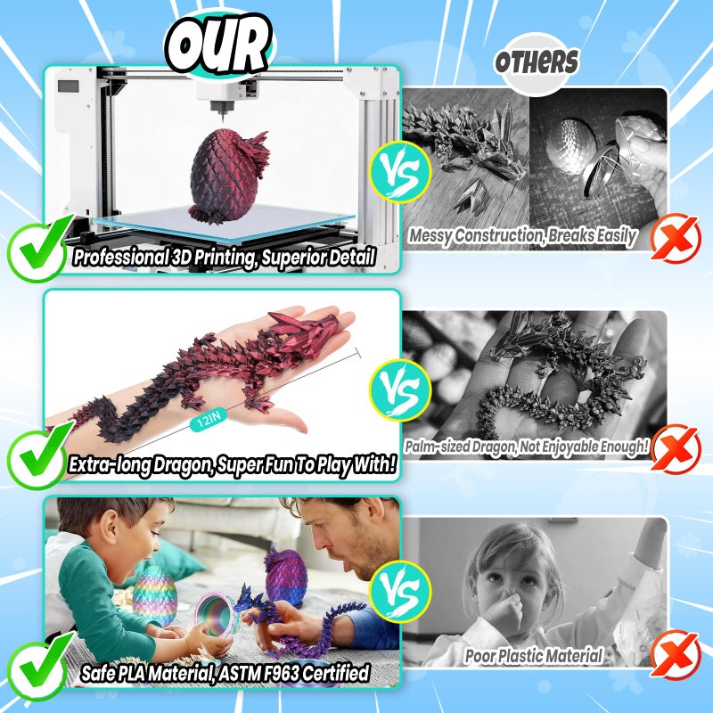 YILCER 12" 3D Printed Dragon Egg, Mystery Articulated Crystal Dragon Egg Fidget Toys, 3D Print Surprise Animals Toy for Kid Teen Boy Girls (Laser Black and Red) - Image 4