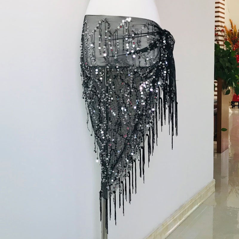 In stock belly dance waist chain beginner Indian dance practice hip towel tassel sequined triangle towel belt performance waist towel Black Silver