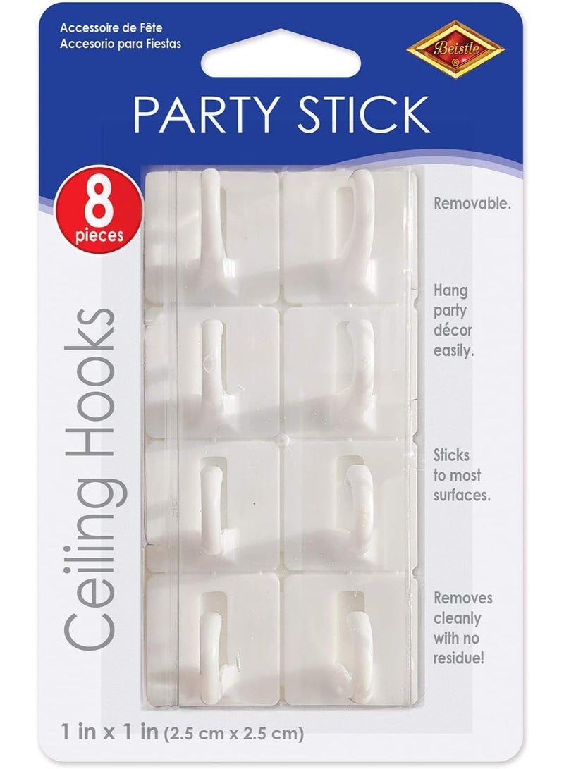Party Stick White Plastic Ceiling Hooks With Removable Adhesive For Hanging 8 Pcs