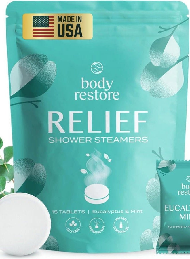 Body Restore أقراص بخار الاستحمام للعلاج العطري 15 عبوة - هدايا سلة عيد الفصح، هدايا استرخاء لعيد الميلاد للأم، الأب، أفضل صديق، أساسيات السفر، تخفيف التوتر، العناية الذاتية - يوكاليبتوس - Image 1