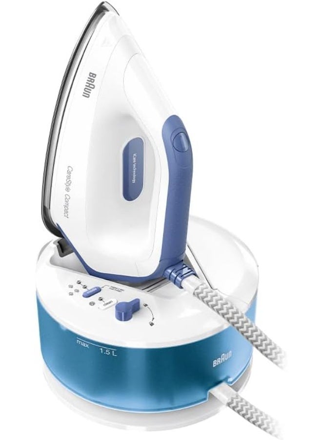 Braun CareStyle Compact IS2143BL Steam Generator, FreeGlide 3D Steam Iron with Sole, 5.5 bar Pressure, Large 1.5 L Water Tank, Eco Function, White/Blue 1 L 2400 W IS2143BL white/blue - Image 1