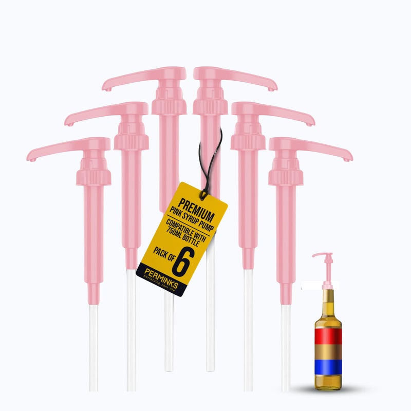 PERMINKS Premium Syrup Pump Compatible with Torani 750 ml Bottle, Davinci Syrups - No Spill, No Clog Syrup Pump Dispenser for Vanilla, Snow Cone, Blueberry, Coffee Flavoring & More (Pack of 6, Pink) - Image 1