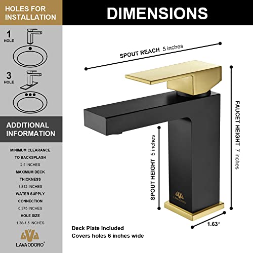 Lava Odoro Black and Gold Bathroom Faucet, Brass Single Hole Bathroom Sink Faucet Single Handle with Drain Assembly, Deck Plate Included, BF307-GB - Image 4