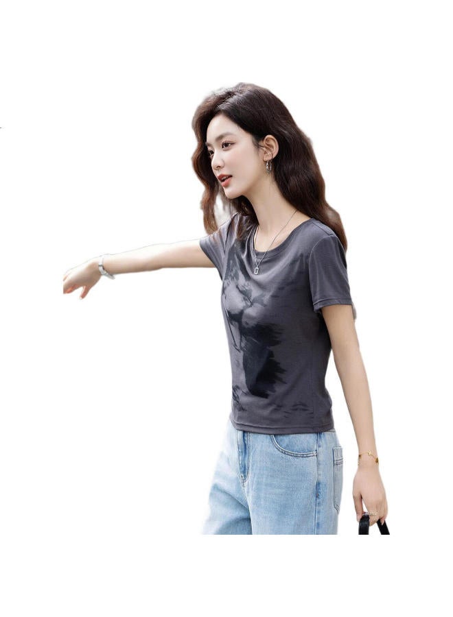 dme 210G Ribbed Silk Summer Butterfly Print Slim Fit Elasticity Covering Flesh Women'S T-Shirt - Image 1