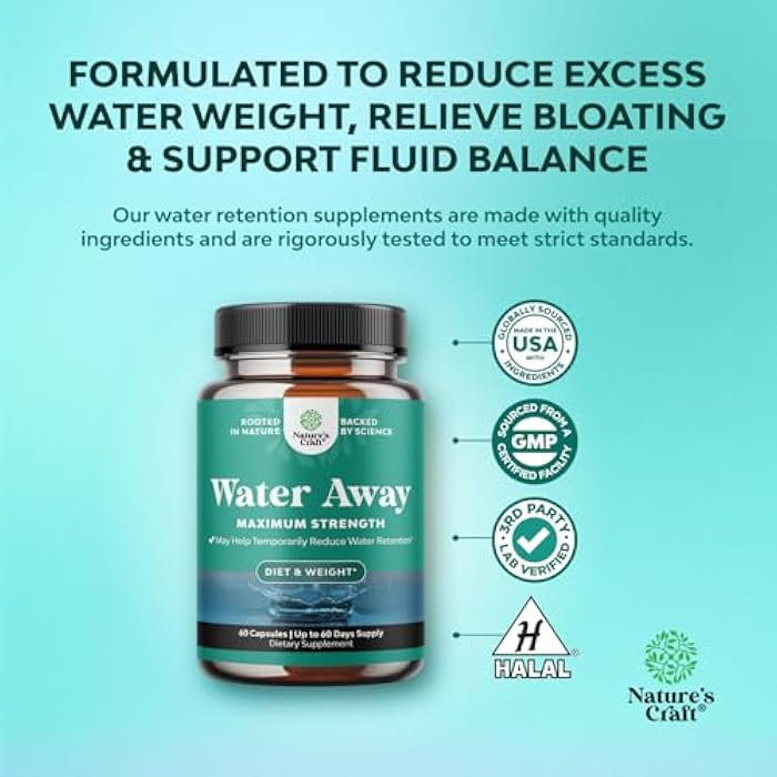 Natures Craft Water Away Herbal Diuretic Pills High Strength - Fluid Retention Supplement with Dandelion Leaf Extract & Green Tea for Bloating Relief for Women & Men - Capsules for Leg & Feet Swelling - 60 Count - Image 4