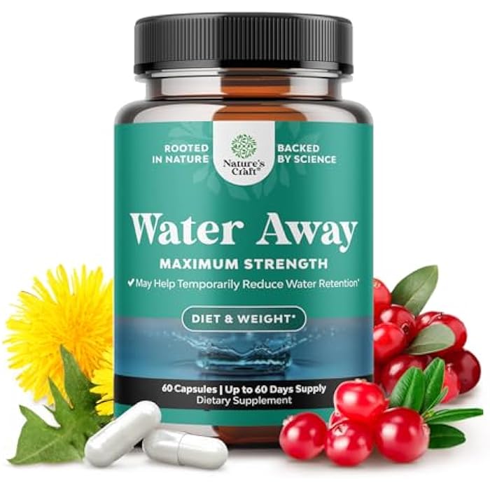 Natures Craft Water Away Herbal Diuretic Pills High Strength - Fluid Retention Supplement with Dandelion Leaf Extract & Green Tea for Bloating Relief for Women & Men - Capsules for Leg & Feet Swelling - 60 Count - Image 1